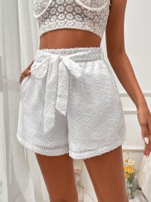 SHEIN VCAY Solid Belted Textured Shorts - White - View 5