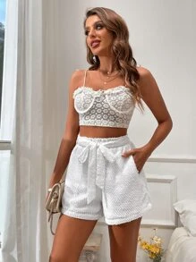 SHEIN VCAY Solid Belted Textured Shorts - White - View 6