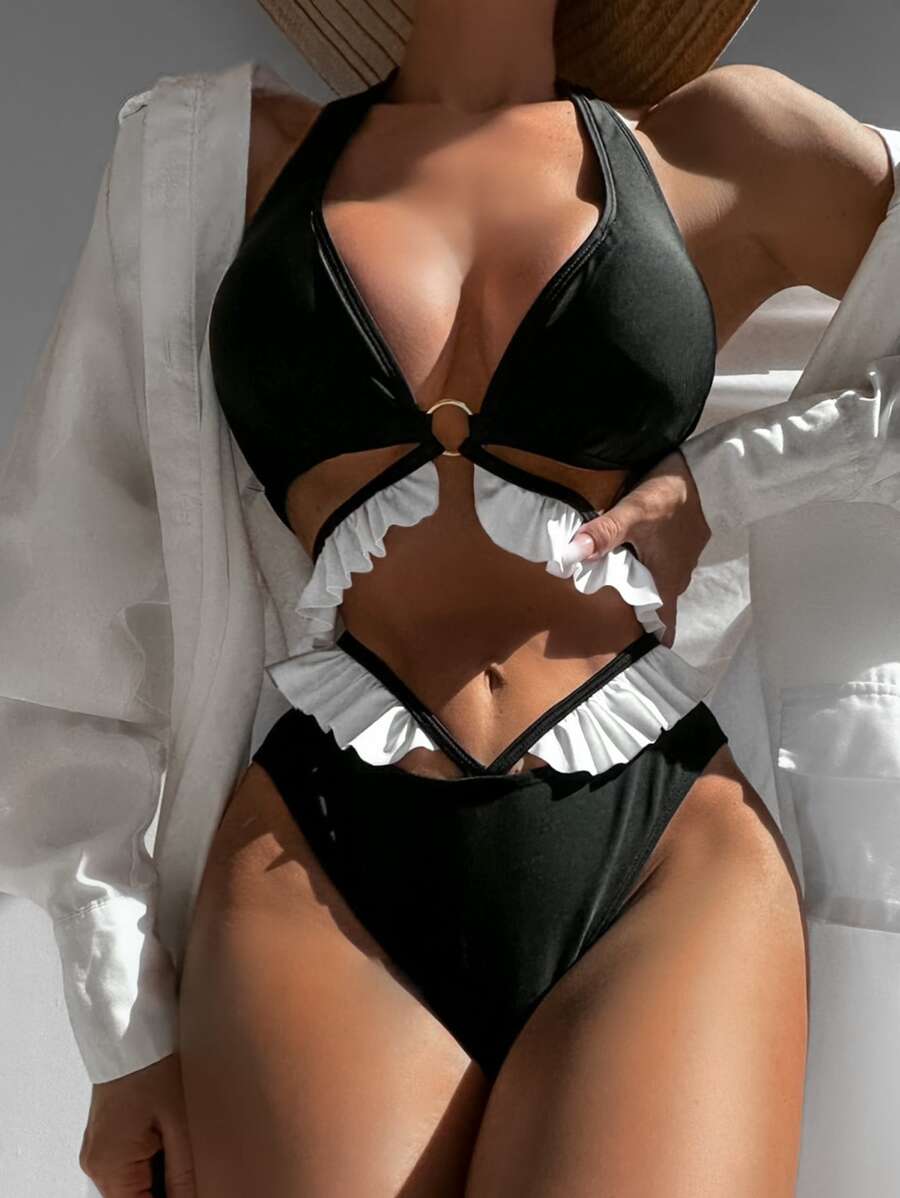 Conjunto de bikini de verano para la playa con cuello halter y triángulos con ribete de volantes - Negro - Ver 1