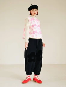 Floral Print Drop Crotch Trousers - Black - View 3