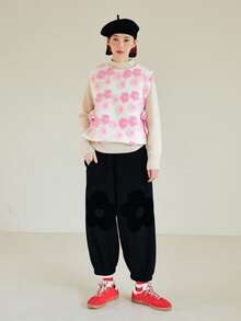 Floral Print Drop Crotch Trousers - Black - View 4