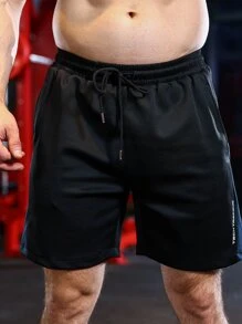 Men Letter Graphic Drawstring Waist Sports Shorts - Black - View 3