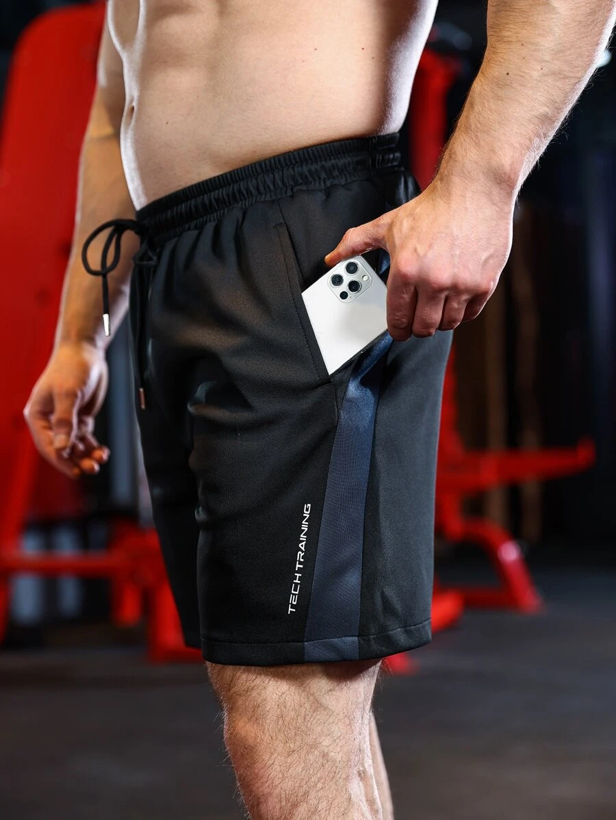 Men Letter Graphic Drawstring Waist Sports Shorts - Black - View 1