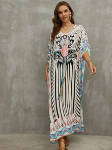 Striped & Geo Print Batwing Sleeve Cover Up