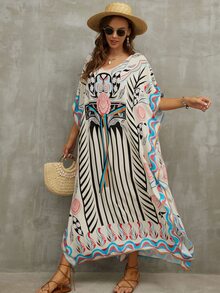 Striped & Geo Print Batwing Sleeve Cover Up
