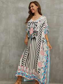 Striped & Geo Print Batwing Sleeve Cover Up