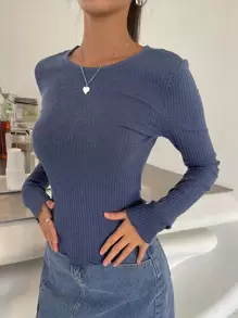 DAZY Solid Rib Knit Tee - Navy Blue - View 1