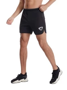 Men Letter Graphic Sports Shorts - Black - View 1