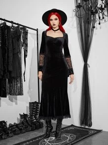 Contrast Lace Sweetheart Neck Velvet Dress - Black - View 1