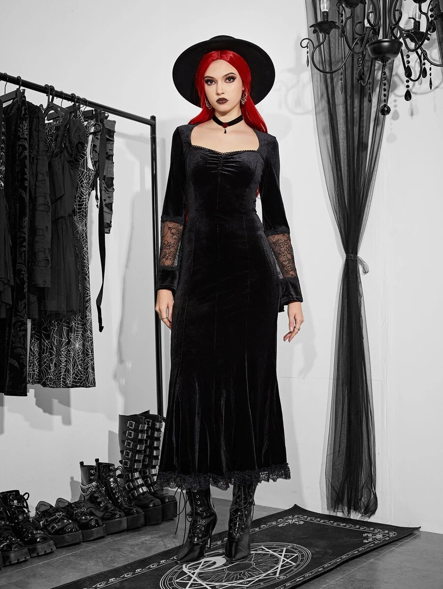 Contrast Lace Sweetheart Neck Velvet Dress - Black - View 1