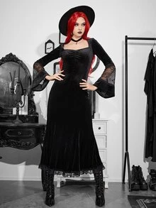 Contrast Lace Sweetheart Neck Velvet Dress - Black - View 3