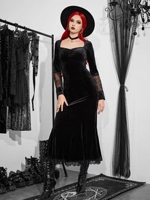 Contrast Lace Sweetheart Neck Velvet Dress - Black - View 4