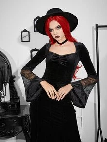 Contrast Lace Sweetheart Neck Velvet Dress - Black - View 5