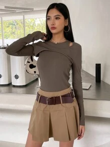 DAZY Ribbed Knit Tank Top & Solid Crop Tee - Coffee Brown - View 4