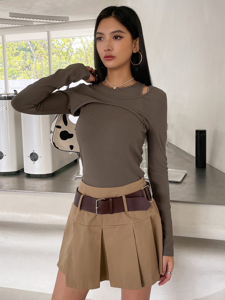 DAZY Ribbed Knit Tank Top & Solid Crop Tee - Coffee Brown - View 4