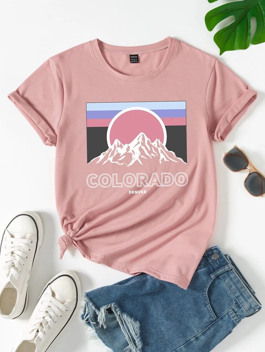 SHEIN Unity Mountain & Letter Graphic Tee - Dusty Pink - View 1