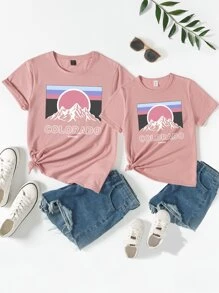 SHEIN Unity Mountain & Letter Graphic Tee - Dusty Pink - View 3