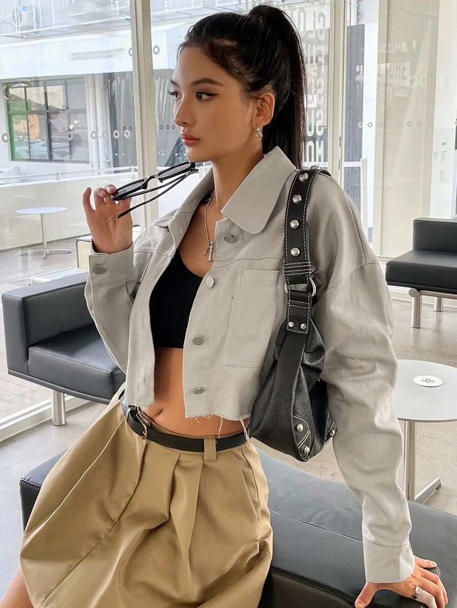 DAZY Drop Shoulder Pocket Patched Crop Jacket - Light Grey - View 1