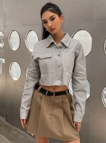 DAZY Drop Shoulder Pocket Patched Crop Jacket - Light Grey - View 5