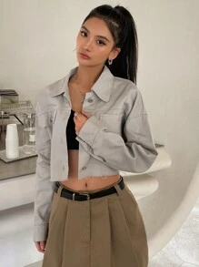 DAZY Drop Shoulder Pocket Patched Crop Jacket - Light Grey - View 6