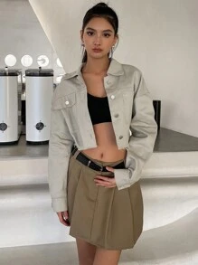 DAZY Drop Shoulder Pocket Patched Crop Jacket - Light Grey - View 7