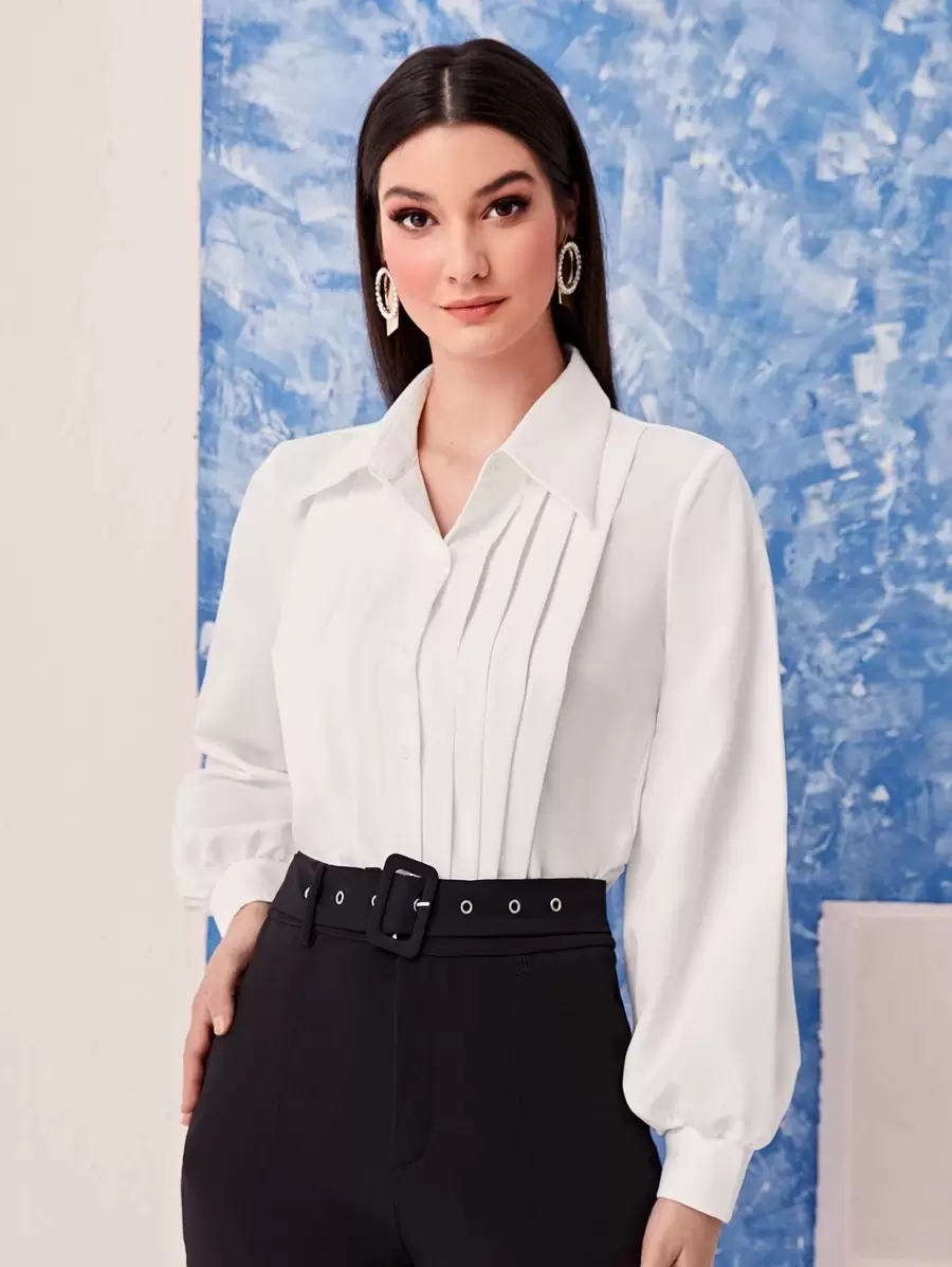 Modelyn Solid Pleated Detail Bishop Sleeve Shirt - White - View 1