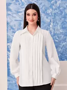 Modelyn Solid Pleated Detail Bishop Sleeve Shirt - White - View 3