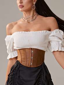 1pc Grommet Lace Up Short Torso Boned Underbust Corset - Coffee Brown - View 3