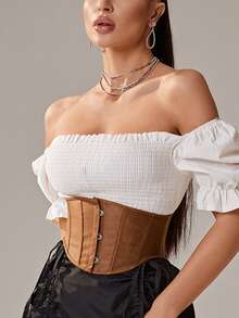 1pc Grommet Lace Up Short Torso Boned Underbust Corset - Coffee Brown - View 4