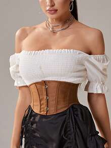 1pc Grommet Lace Up Short Torso Boned Underbust Corset - Coffee Brown - View 5