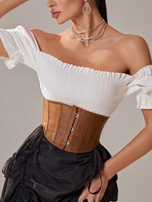 1pc Grommet Lace Up Short Torso Boned Underbust Corset - Coffee Brown - View 6