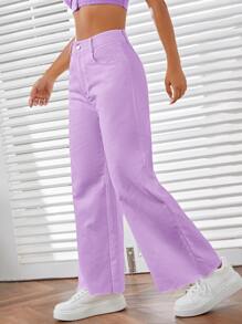 SHEIN EZwear Solid Zipper Fly Wide Leg Pants - Lilac Purple - View 1