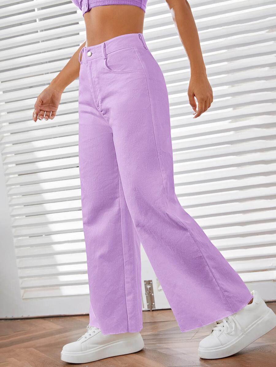 SHEIN EZwear Solid Zipper Fly Wide Leg Pants - Lilac Purple - View 1