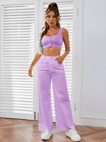 SHEIN EZwear Solid Zipper Fly Wide Leg Pants - Lilac Purple - View 3