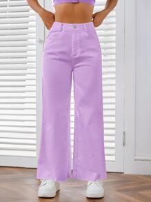 SHEIN EZwear Solid Zipper Fly Wide Leg Pants - Lilac Purple - View 4