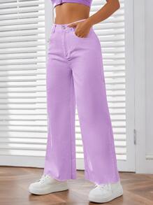 SHEIN EZwear Solid Zipper Fly Wide Leg Pants - Lilac Purple - View 5