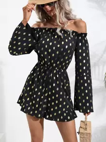SHEIN LUNE Mono con estampado de lunares dorados de hombros descubiertos bajo con fruncido