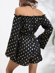 SHEIN LUNE Mono con estampado de lunares dorados de hombros descubiertos bajo con fruncido