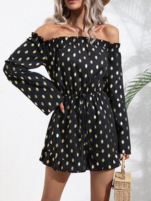 SHEIN LUNE Mono con estampado de lunares dorados de hombros descubiertos bajo con fruncido
