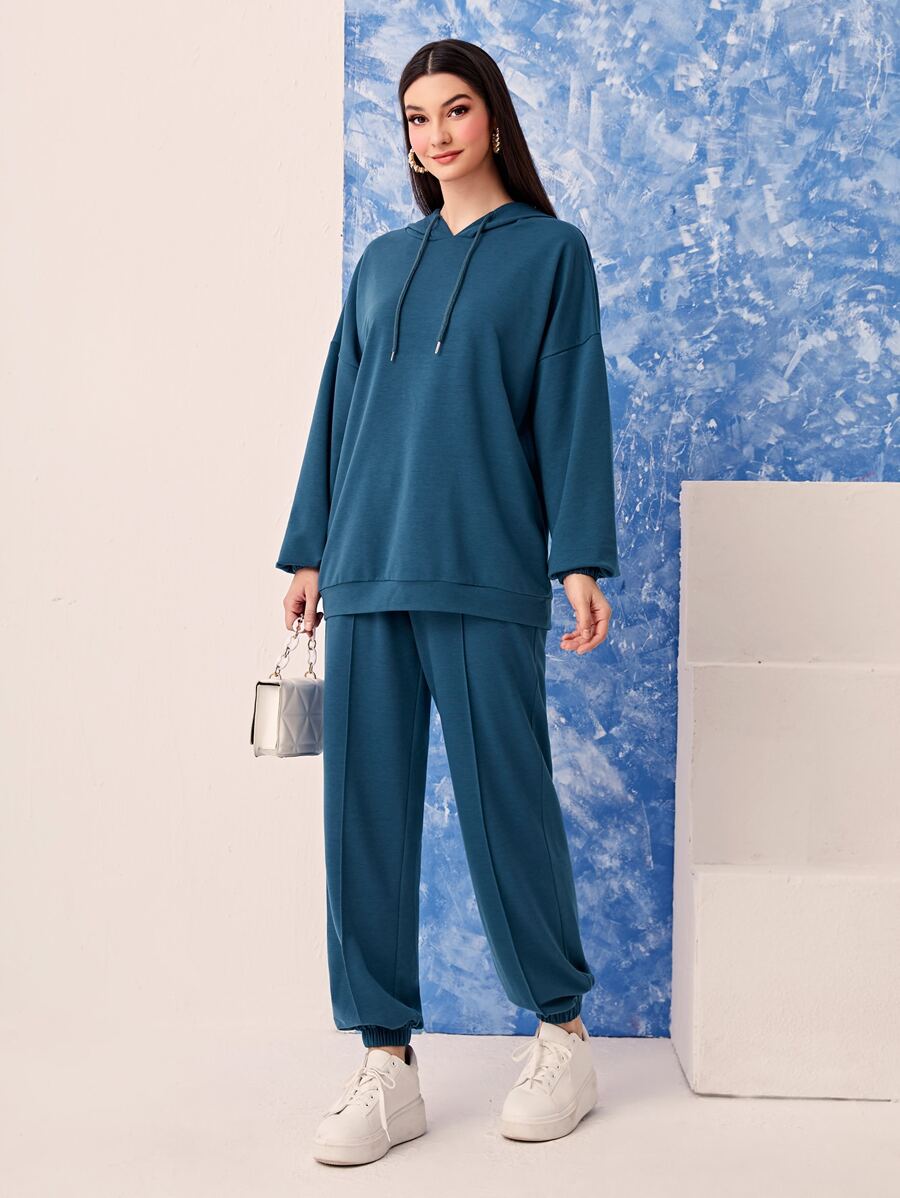 Mulvari Conjunto pantalones deportivos con capucha de hombros caídos con cordón - Agua verde azul - Ver 1