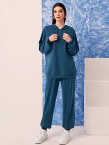 Mulvari Conjunto pantalones deportivos con capucha de hombros caídos con cordón - Agua verde azul - Ver 4