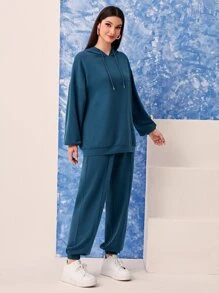 Mulvari Conjunto pantalones deportivos con capucha de hombros caídos con cordón - Agua verde azul - Ver 5