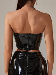Solid Zip Up Back Asymmetrical Hem Pu Leather Boned Overbust Corset Top - Black - View 2