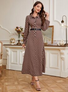 Mulvari Allover Geo Print Button Front Shirt Dress Without Belt - Multicolor - View 4