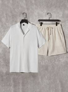 Manfinity Men Solid Lapel Neck Shirt & Drawstring Waist Shorts - Multicolor - View 1