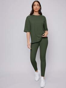 Mulvari Drop Shoulder Solid Top & Leggings Set - Army Green - View 1