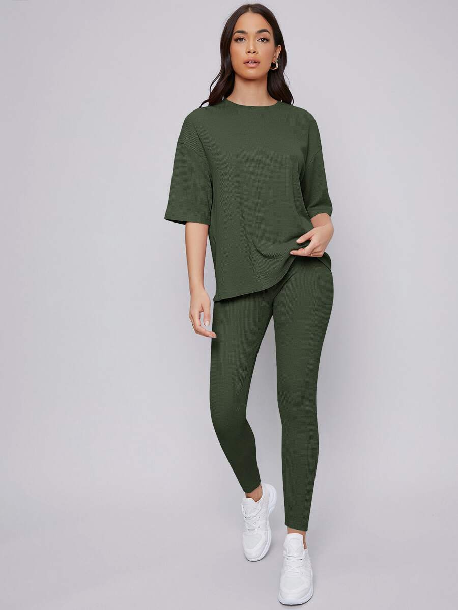 Mulvari Drop Shoulder Solid Top & Leggings Set - Army Green - View 1