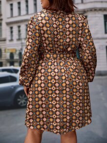 SHEIN Frenchy Plus Geo Print Lantern Sleeve Shirt Dress - Multicolor - View 2