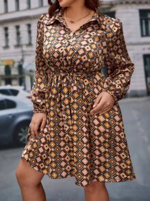 SHEIN Frenchy Plus Geo Print Lantern Sleeve Shirt Dress - Multicolor - View 5