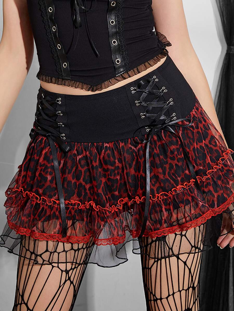 Lace Up Front Frill Trim Skirt - Multicolor - View 1